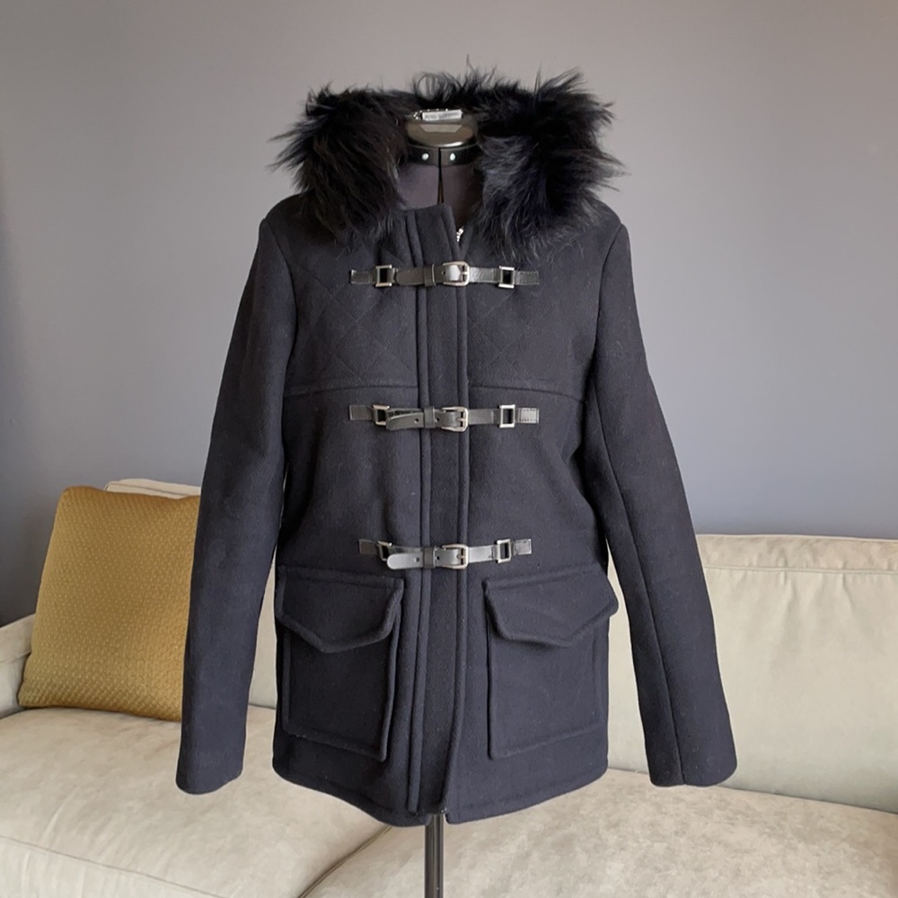 Sandro Navy Wool Coat with Detachable Fur Collar